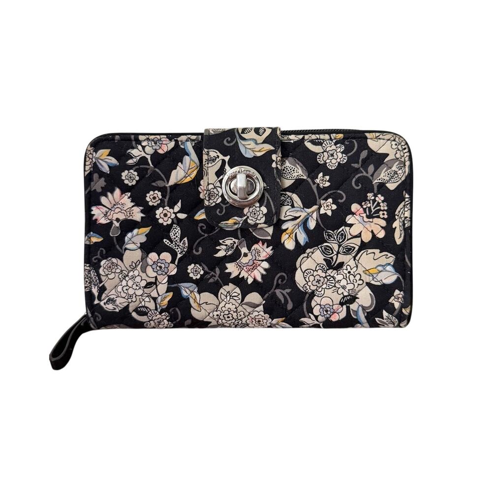 Vera Bradley Turnlock Wallet Black w/ Cream Floral Paisley 70s Flower Power